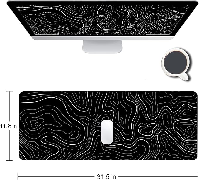 Armanza Large Mouse Pad, Extended XL Gaming Mousepad, Non-Slip Rubber Base Keyboard Mouse Mat Desk Pad for Work, Game, Office, Home, 31.5 x 11.8 in, Black Minimalist Topographic Map PL230707021