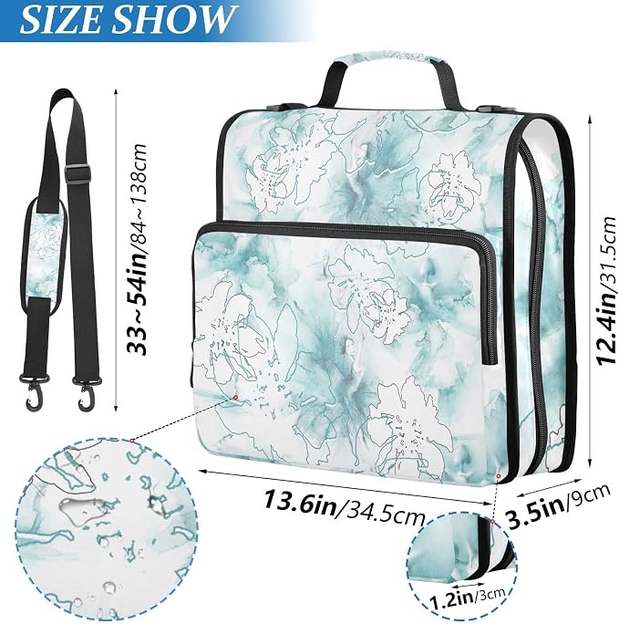Watercolor Blue Paint Flower Zipper Binder with Shoulder Strap Bag 3 Ring Binder Organizer Large Capacity Multiple Compartments for School Office