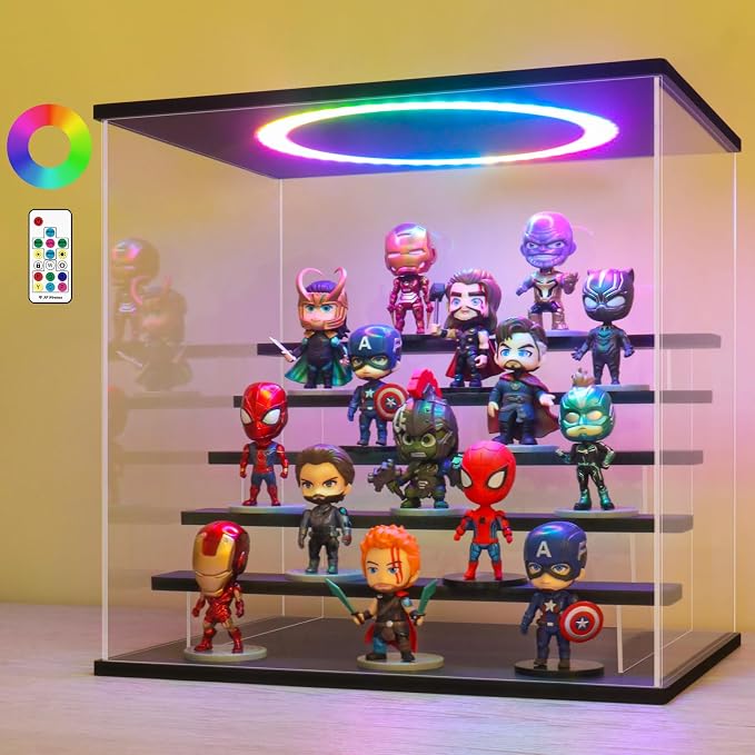 LANSCOERY Acrylic Display Case with RGBW Lights, 6 Tier Black | 15 x 11.8 x 15.8 in case displays small figures on desks or shelves with tiered rows and front access.