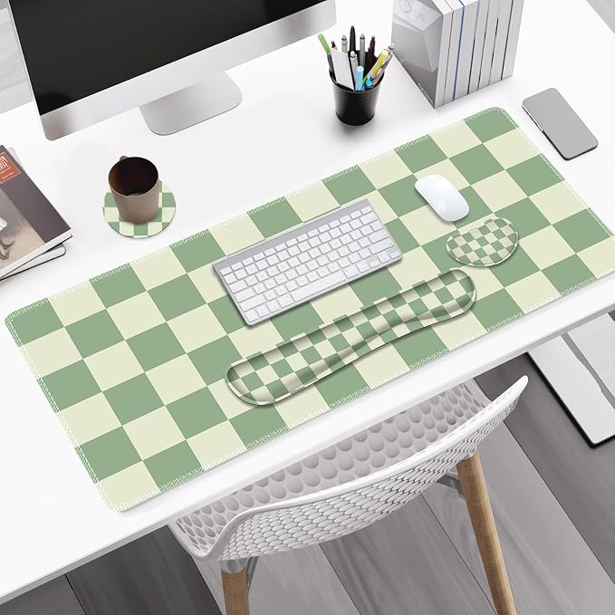 Large Gaming Mouse Pad Set, 4 in1 Ergonomics Keyboard Desk Mat with Memory Foam Wrist Rest, Extended Game Mousepad, Non-Slip Desk Pad Matt Easy Typing Pain Relief I Green Checkered