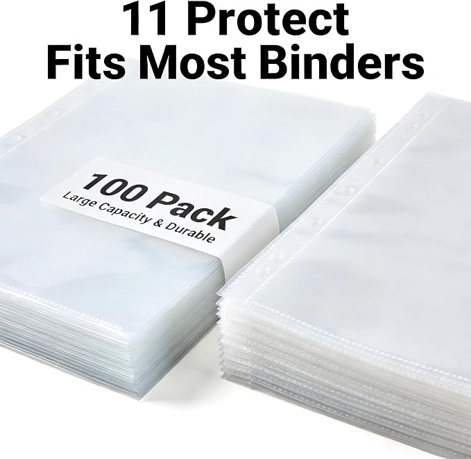 100 Pack 11-Hole 9-Pocket Binder Sleeves, Top-Loading Card Protectors, Waterproof & Dustproof, Thick Clear Material, Fits Most 3-Ring Binders, High Transparency for Trading Cards/Photos