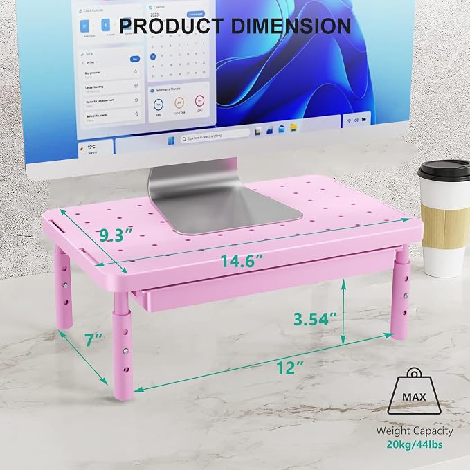 WALI Computer Monitor Stand with Storage, Monitor Riser 3 Height Adjustable | Laptop Riser with Airflow Vents, Desk Organizer for Computer, Printer, Notebook (PTT002-P), 1 Pack, Pink