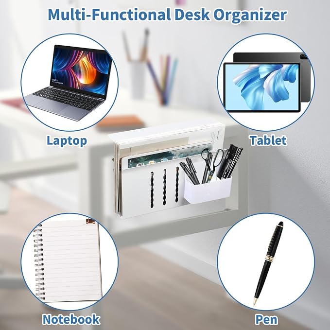Desk Side Storage, Under Desk Hanging Storage | Standing Desk Organizer with Magnetic Pen Slot, No Drill Clamp to 0.5-2.38" Desks, 22 Lbs Carbon Steel (White)