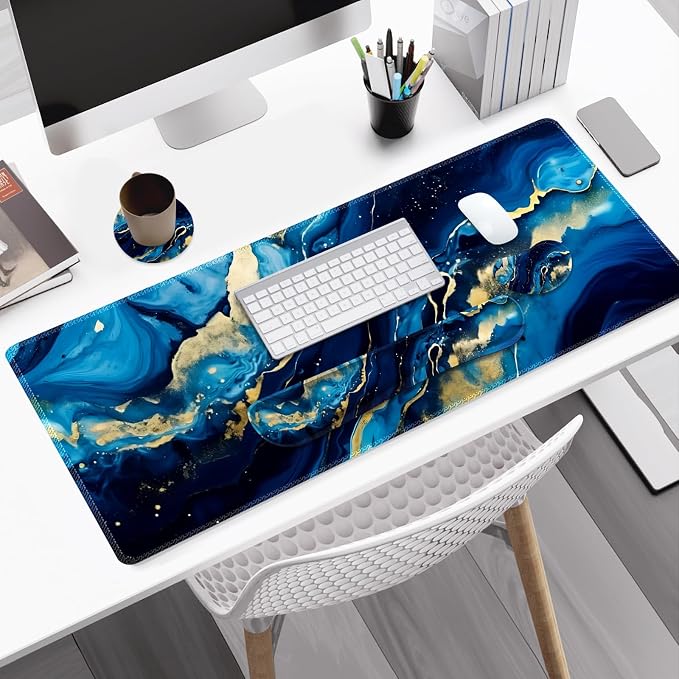 Desk Mat Pad, Gaming Mouse Pad Wrist Support Set, 4 in1 Non-Slip XXL Large Mousepad + Ergonomic Keyboard Wrist Rest+Mouse Wrist Rest+Coaster for Home Office Computer I Blue Gold Marble