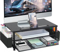 AUPSEN Wood Computer Monitor Stand Riser, 2-Tier Black Desk Organizer with Drawer, Pen Storage & Phone Holder ，Office Desk Accessories Desktop Organizer for Office Supplies (Black)