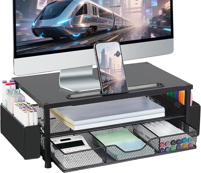 AUPSEN Wood Computer Monitor Stand Riser, 2-Tier Black Desk Organizer with Drawer, Pen Storage & Phone Holder ，Office Desk Accessories Desktop Organizer for Office Supplies (Black)