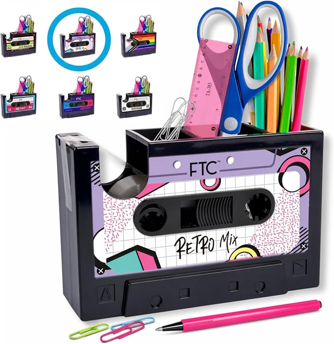 FTC Cassette Tape Dispenser, Retro Desk Organizer & Pen Holder – Fun Novelty Office Supplies for Home or Office 6.7” x 2” x 4.5” (Retro Mix Tape)