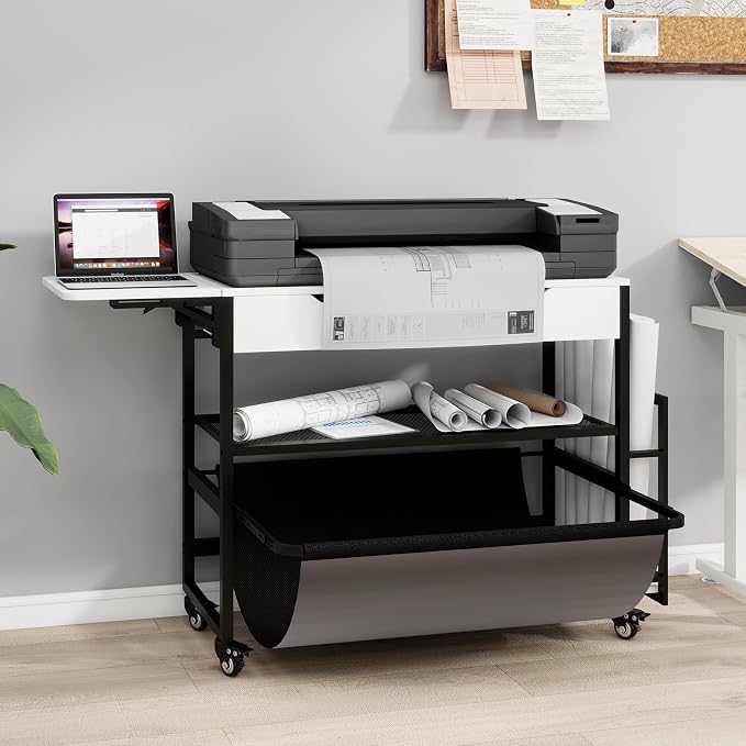 Natwind Wide Format Printer Stand,Plotter Table with Laptop Station,White | Plotter/Cutting Machines Stand, with Pull-out Drafting Collection,Roll Paper Holder,Accessory Drawer & Adjustable Shelf