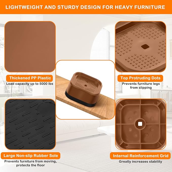 shouwuhho 8 Pack Furniture Risers Adjustable Bed Risers Heavy Duty Lifts Height 1", Square Stackable Bed Risers 1, 2 or 3 Inch for Desk Leg Table Couch Sofa Chair Bed Frame Legs Dorm, Brown