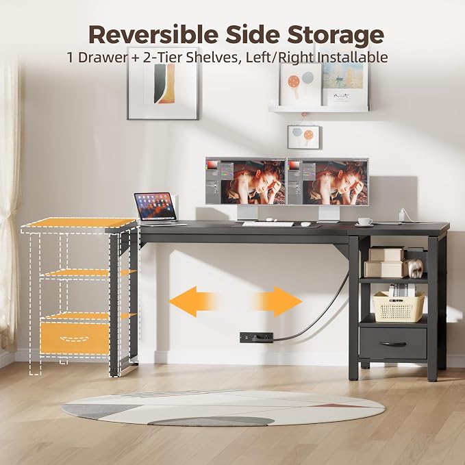 54" Computer Desk with Drawer, 1.2" Thick Reversible Office Desk | Modern Writing Table with Power Outlets & Storage Shelves, Heavy Duty Industrial Executive Desk for Home Bedroom Study Work