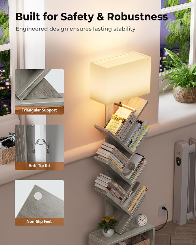 Evermagin 6 Tier Tree Bookshelf with Light, Bookcase, Gray | Narrow Tower Design, Storage Cabinet for Book Organization, Tall Floor Standing Use, Living Room, Bedroom and Home Office