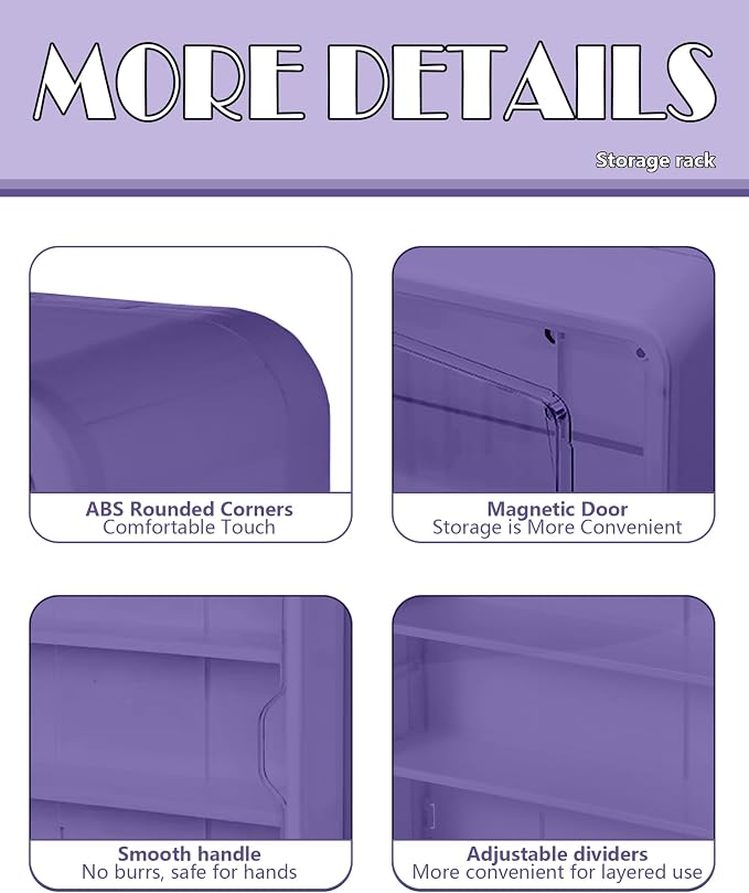 Wall Mounted Display Case for Figures, 15.75" High, Shadow Box with Shelves | Hanging Trinket Display Shelf for Collectibles Action Doll Blindboxes Storage, 4-Layer Purple Shelf with Magnetic Door 1 Pack