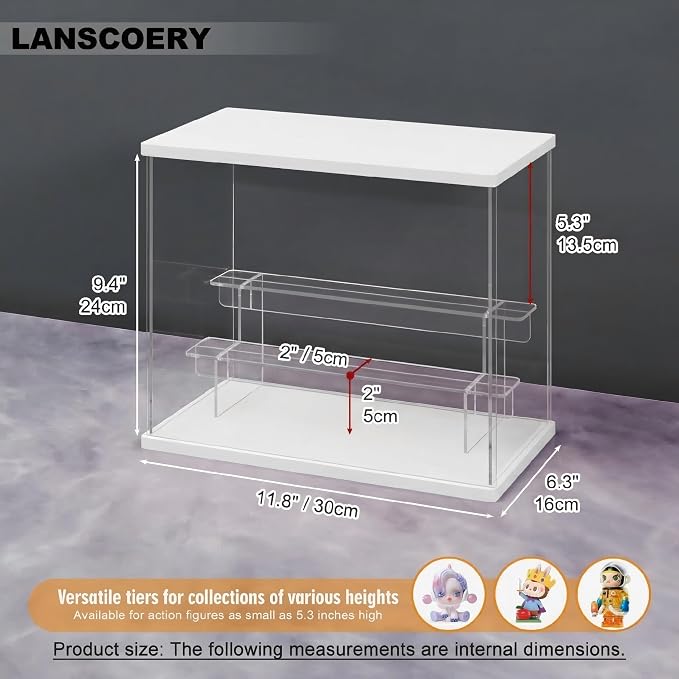 LANSCOERY Acrylic Display Case for Collectibles, 3-Tier LED Light, White | 3mm clear acrylic panels with front door access and tri-color top light for small figures on a desk or shelf.