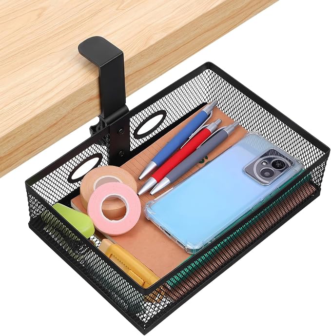 Under Desk Storage Organizer 360 Degree Rotating Under Drawer with Large Mesh Basket Clamp on Desk Drawer for Office Home Workspace Black