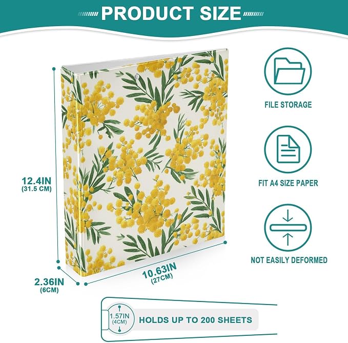 Small Yellow Mimosa Flower Print Binder 3 Ring 1.5 Inch Binder with Clipboard&Pockets, Hardcover Binders Heavy Duty Large File Folder for Office School Supplies - Holds 200 Sheets