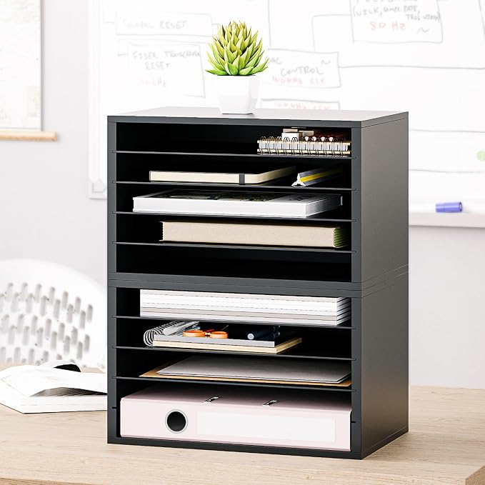 Ballucci 5 Tier Paper Organizer Letter Tray, Wood Desk File Organizer with Adjustable Shelves, Home Office School Letter/A4 Mail Sorter Magazine Holder - Black