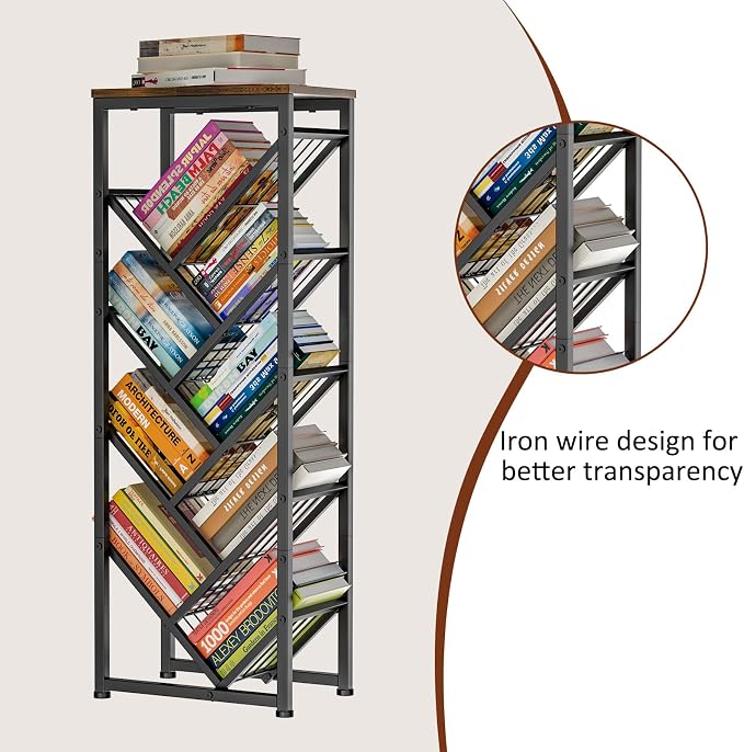 Cutogxon Tree Bookshelf - 9 Tier Visual Metal Floor Standing Book Shelf with Wooden Top, Small Bookshelf for Small Spaces Bookshelves Book Storage Organizer Shelves for Living Room Bedroom Black