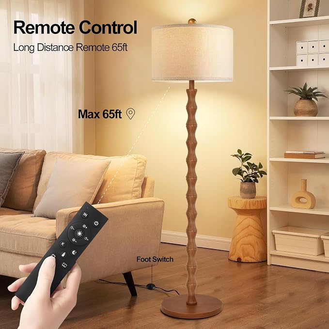 ZECOXOL Wood Floor Lamp with 3 Color Temperatures,Boho Floor Lamp with Remote Control,Dimmable Vintage Floor Lamp Mid Century Modern Standing Lamp Farmhouse Tall Pole Lamp for Living Room Bedroom