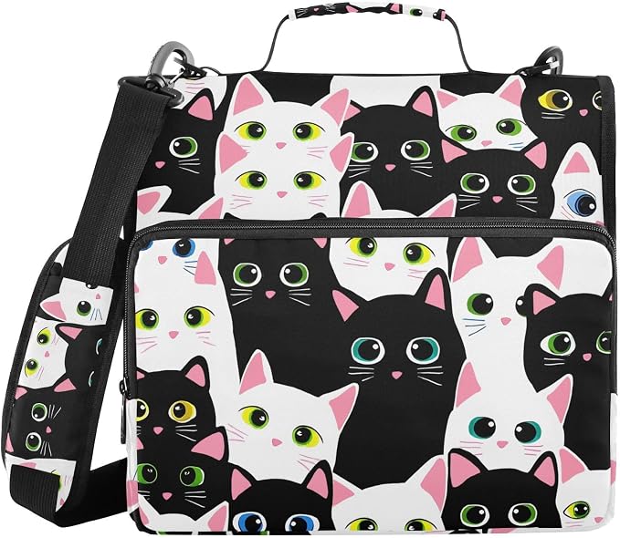 3 Ring Zipper Binder with Shoulder Strap Cat Black White Cartoon 2 Inch Zippered Binder Bag 500 Sheet Capacity Multi Pockets for School Supplies