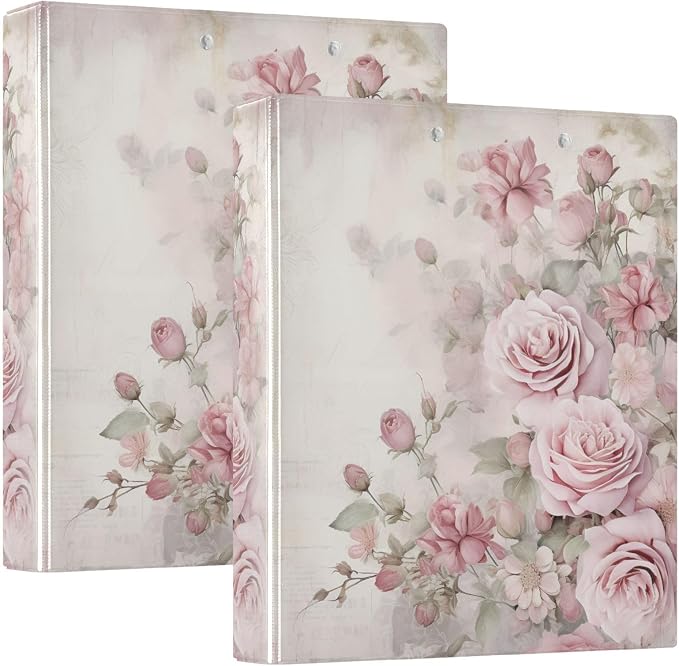 Pink Rose Flower Muted Color 3 Ring Binder with 2 Interior Pockets 1.5 inch Binders 3 Ring Heavy Duty Fit 8.5" x 11" Letter Size for Office School, 2 Pack
