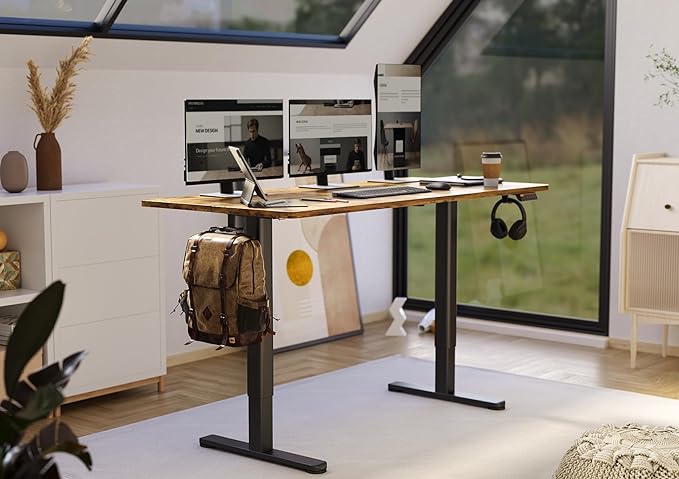 Claiks Electric Height Adjustable Standing Desk, 63x24 Inch, Rustic Brown | Smooth Height Adjustment, 3 Memory Presets, Cable Management Hub&Hook, Stable Steel Frame, 176lbs Capacity, Easy Assembly