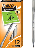 BIC Round Stic Xtra Life Black Ballpoint Pens, 12-Count, 1.0mm Medium Point