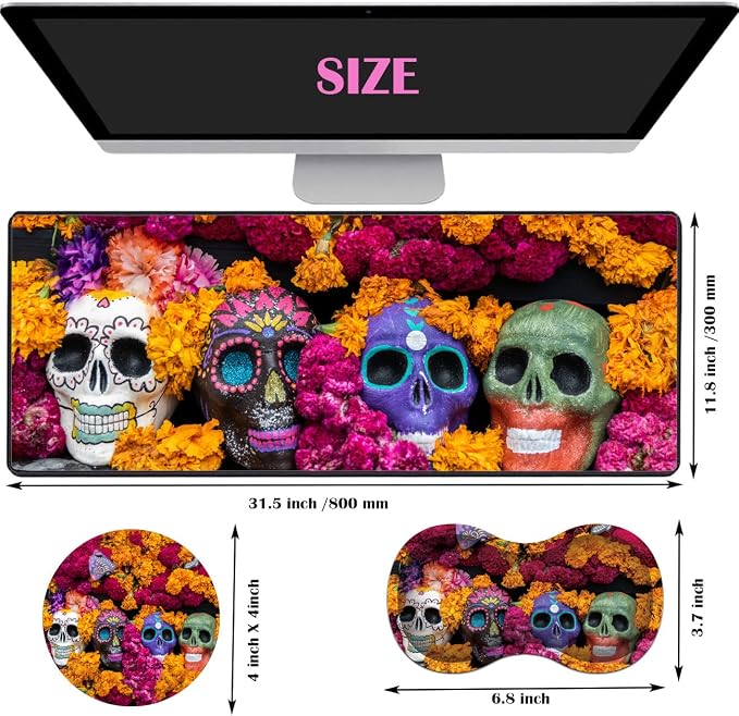 Extended Gaming Mouse Pad Desk Pad Keyboard Pad, Mouse Wrist Rest and Coaster, Anti-Slip Rubber Base Mouse Pad, Suitable for Gaming and Office, Candy Skull