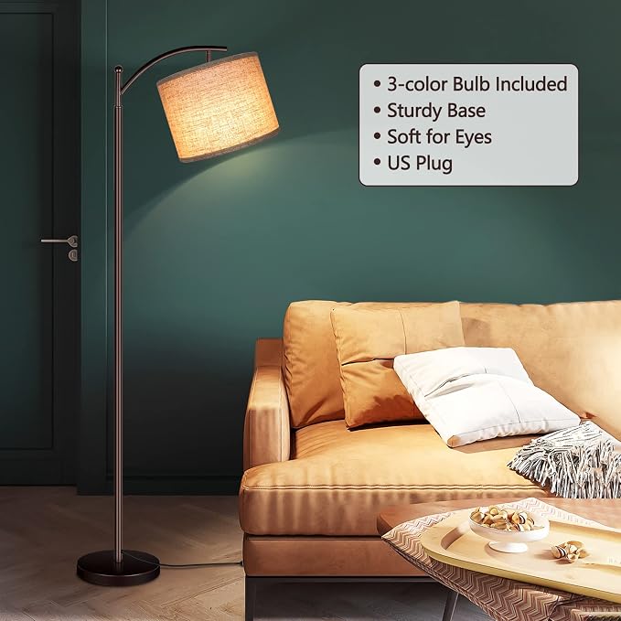 Floor Lamp for Living Room, LED Standing Lamp Tall Industrial Floor Lamp Reading for Bedroom, Office (9W LED Bulb, Beige Lampshade Included) -Oil-Rubbed Bronze