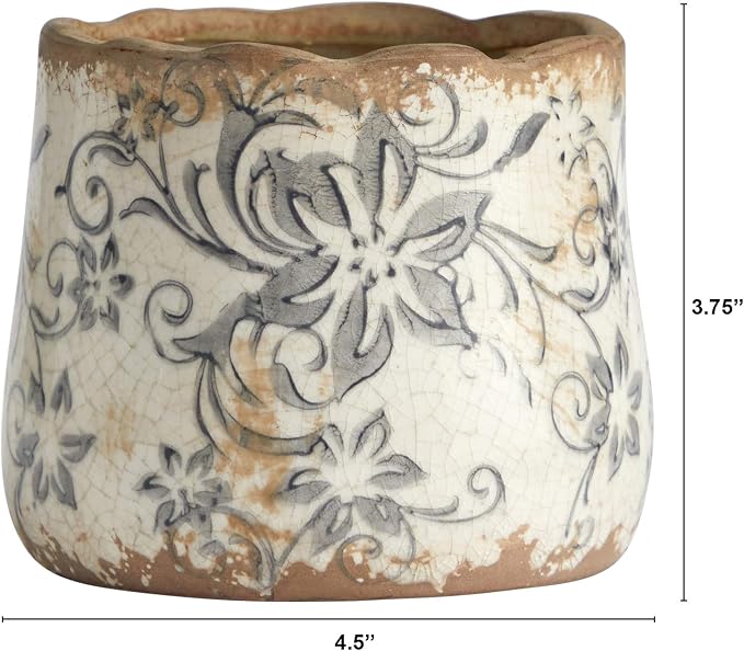 Nearly Natural 4.5in. Tuscan Ceramic Gray Scroll Planter, White | Rustic-Style Floral Pattern, Quality Ceramic, Country Chic Tabletop Accent, Indoor Decorative Use Case
