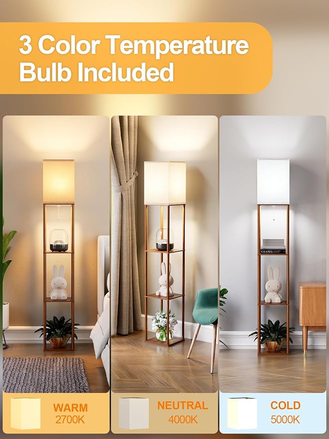 Floor Lamp with Shelves for Living Room Walnut Brown 2 Pack, Shelf Floor Lamp with 3 CCT LED Bulb, Corner Display Standing Column Lamp Etagere Organizer Tower Nightstand for Bedroom