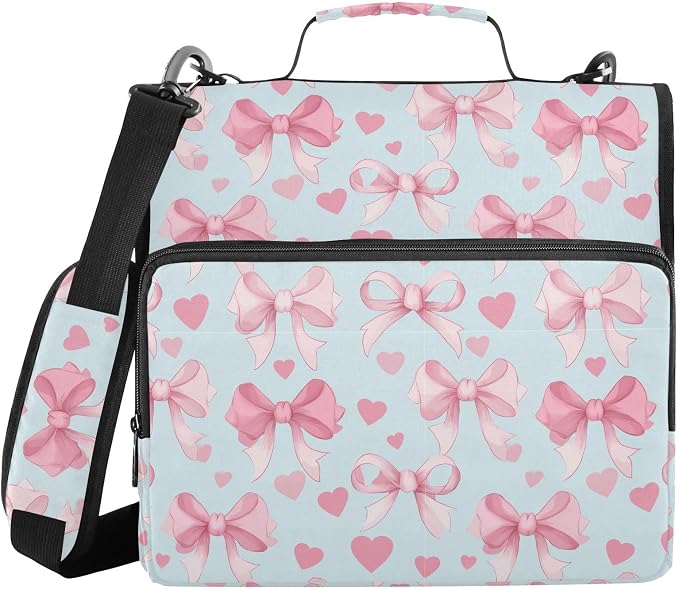 Aslsiy Zipper Binder Happy Valentines Holiday 1.5 inch 3-Ring Binder Organizer Hearts Pink Bows with Shoulder Strap for School Office Supplies