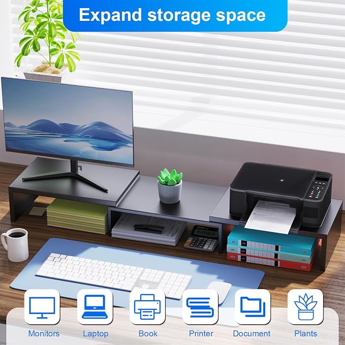Desk Organizers and Accessories, Dual Monitor Stand Riser, Monitor Desk Shelf for Desktop Organization (Black)