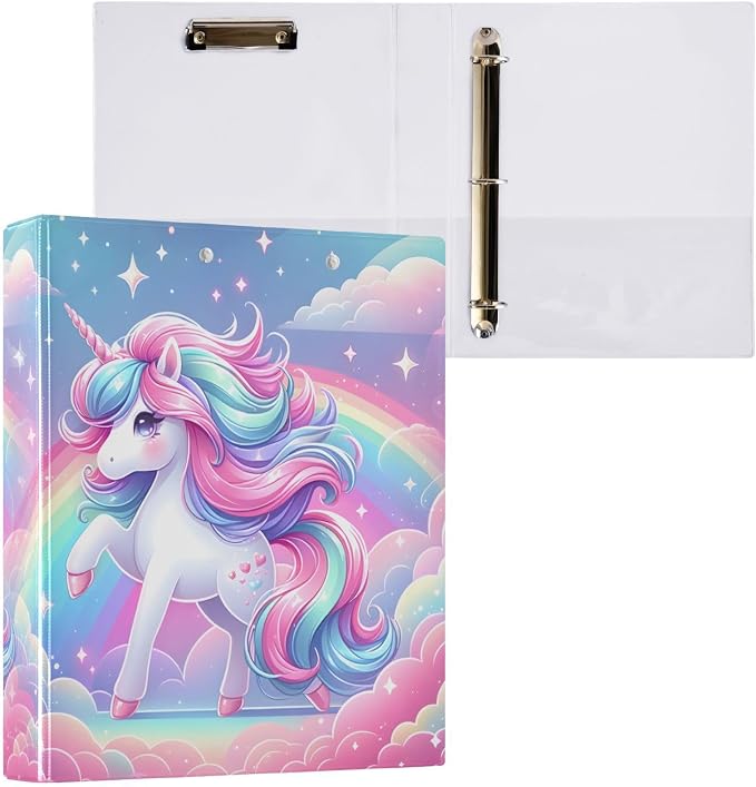 ALAZA 3 Ring Binder Fantasy Unicorn Rainbow Clipboard Round Ring Binder Holds 1.5 Inch Three Rings Binder Heavy Duty Binders for School Office Supplies, 1Pack