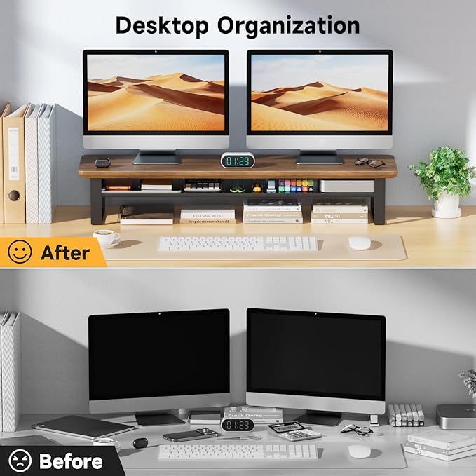 Dual Monitor Stand, 35.4 Inch Monitor Stand Riser for 2 Monitors, 2 Tiers Wood Desk Shelf with Storage, Desktop Organizer Stand for Computer, Laptop, Printer, TV