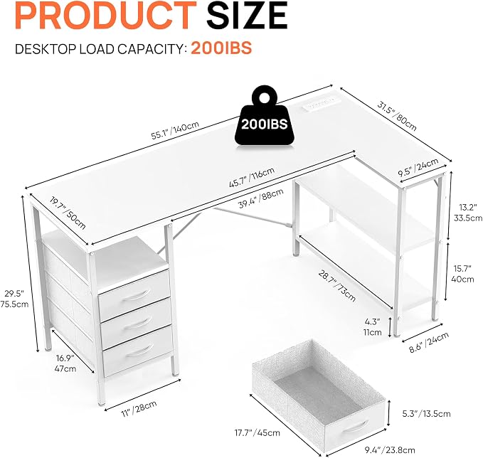 Alpen L Shaped Gaming Desk with Power Outlets, 55 Inch Computer Desk with 3 Drawers and Shelves, Corner Desk for Gaming, Study Writing PC Table with Storage and Reversible Shelf, White