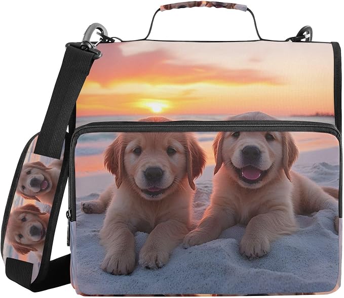 Golden Retriever Puppy Dogs 3 Ring Binder Bag 1.5 inch Binder Organizer with Zipper Shoulder Strap 500 Sheet Documents Storage for School Office