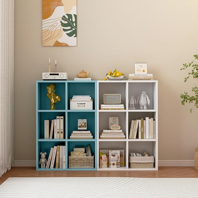 6-Cube Storage Shelf Bookcase, Light Blue | Wooden 3-Tier Open Bookshelf, Fits 11×11" Bins, Vertical or Horizontal Use, Full Back Panels, For Home Office