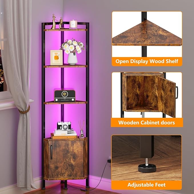 Corner Shelf Cabinet,Corner Bookshelf with Storage and LED Light | 62.8”Tall Wall Shelf Unit,Rustic Wood Display Shelves for Bedroom,Living Room,Kitchen,Metal Frame,Easy to Assemble