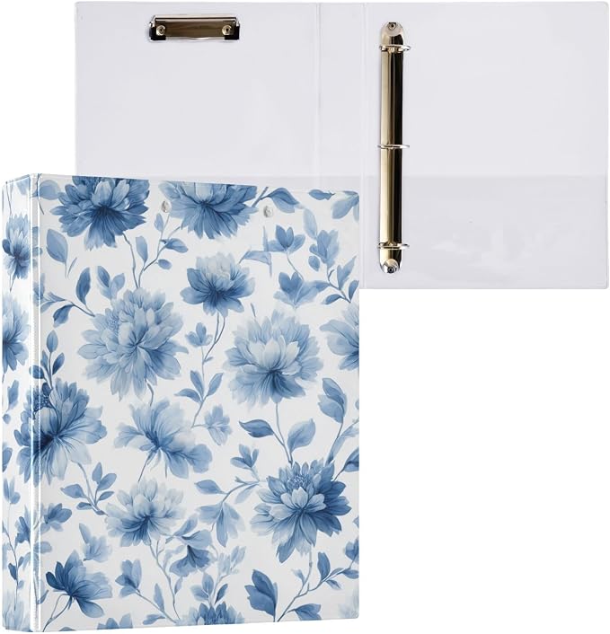 Blue Floral D Ring Binders 1.5 Inch with Clear Pocket, School Office Supplies Water Resistant Kitchen Recipe Organizer Hard Round Ring View Binders with Aesthetic Print