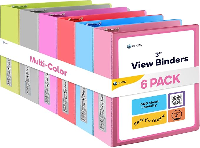 Enday 3 inch Binder (6 Pack - Assorted Colors) 3 Ring Binder 3 inch with Clear View Cover and 2 Inside Pocket - for Letter Size 8.5 x 11'' Paper, Ideal for School Supplies, Office, and Home