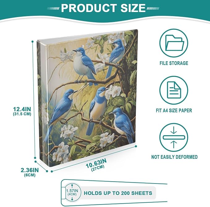 Blue Bird White Flower Patterned 3 Ring Binder 1.5" Decorative D-Ring Binder with Clipboard&3 Clear Pockets, Holds 200 Sheets A4 Size Paper Waterproof Binders for School Home Office|2 Pack