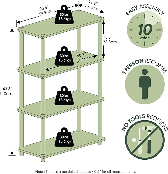 Furinno Turn-N-Tube Toolless 4-Tier Storage Shelves, Sonoma Oak | Wide Open Frame Book Shelf, Corner Shelf, for Organization, Living Room, Garage, Home Office