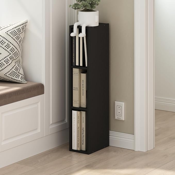 Furinno Fulda Book Shelf, 3-Tier Narrow Bookshelf, Bookcase with 6-in Width Storage Shelf, 9.3 x 5.9 x 31.5, for Living Room, Bedroom, Home Office, Blackwood