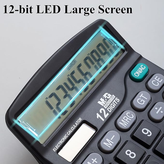 M&G Desk Calculator 12 Digit Office Calculators with Large LCD Display, Dual Solar Power and Battery, Recessed Big Button Calculator for Office Home (Black, Pack of 5)