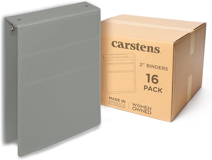 Carstens 2-Inch Heavy Duty 3-Ring Binder - Top Opening, Ash Gray, Durable Plastic, No-Gap Rings, Waterproof Cover, No Pockets, Holds 300 US Letter Sheets, BPA-Free, Made in USA (2872-3R), Case of 16