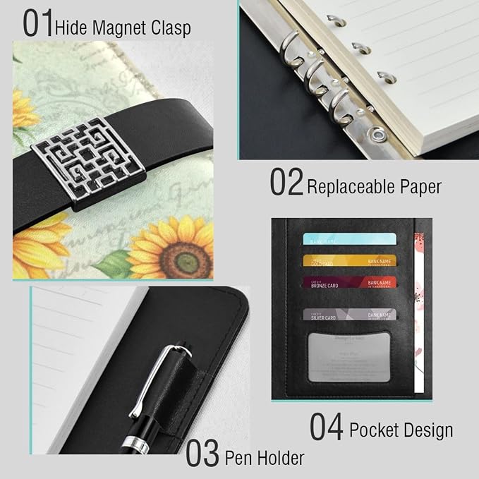 Sunflower Pattern PU Leather Notebook A5 Binder 6 Ring Refillable Journal with Magnetic Buckle Closure Loose Leaf Travel Office Planner Budget Binder Notepad Portfolio,