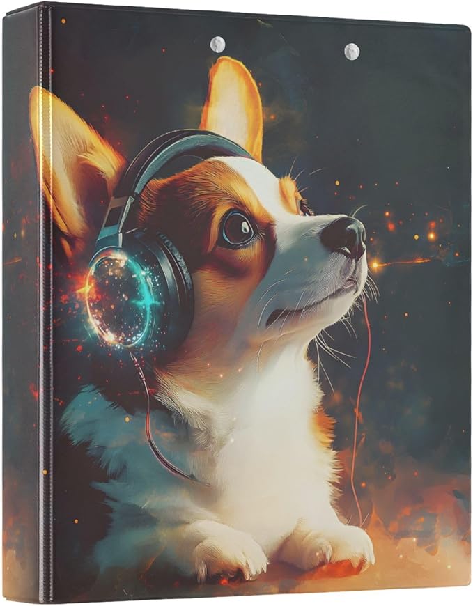 3 Ring Binder Corgi Wearing Headphones 1.5 inch Binders Three Ring Binders with Clipboard Fit 8.5'' x 11'' Paper 3 Interior PVC Clear Pockets for Office Supplies