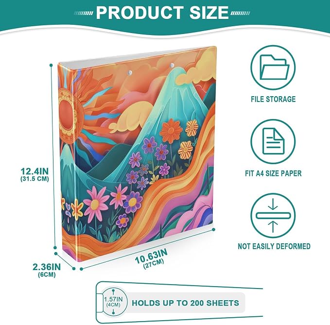 Aslsiy Retro Groovy Hippie Round Clipboard Binder - 1.5 Inch, Flower Sun Mountain Harcover Decorative Organizer for Office Supplies