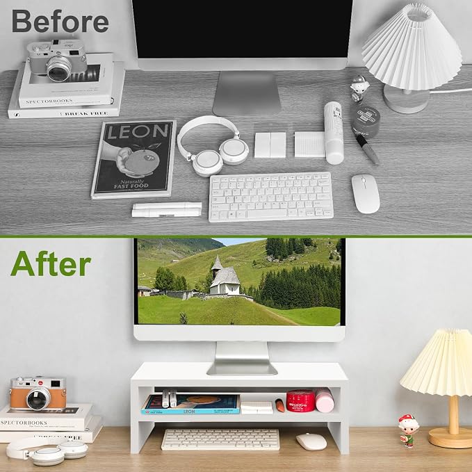 TEAMIX 20 inch White Monitor Riser Stand - 2 Tiers, Wood Desktop Bookshelf | Laptop/PC/Printer/Keyboard Storage, Ergonomic Design, 15mm thick Sturdy Wood Boards, TV Stand, Home Office Desk Accessories