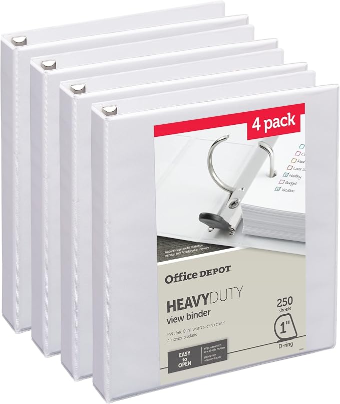 Office Depot® Heavy-Duty View 3-Ring Binder, 1" D-Rings, 49% Recycled, White, Pack of 4